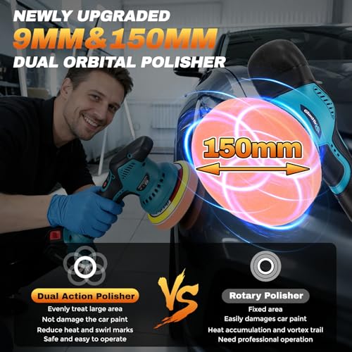 Cordless Car Buffer Polisher Kit with 2x2000mAh 21V Batteries and 28PCS Kit | 8-Speed 6000RPM, 9mm Dual Action Orbit, 150mm Base Plate, Brushless Motor, LED Display, for Waxing/Polishing/Scratch Removal