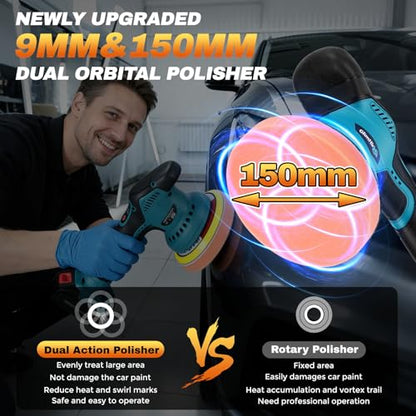 Cordless Car Buffer Polisher Kit with 2x2000mAh 21V Batteries and 28PCS Kit | 8-Speed 6000RPM, 9mm Dual Action Orbit, 150mm Base Plate, Brushless Motor, LED Display, for Waxing/Polishing/Scratch Removal