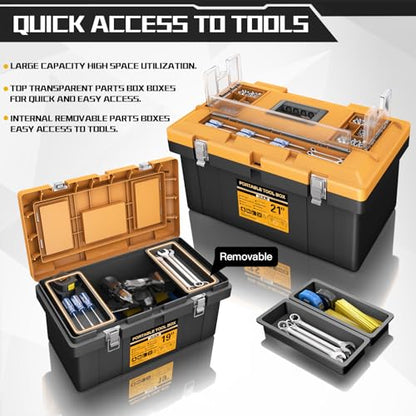 4-In-1 Tool Box Set,Toolbox with 8 Removable Trays,Top with Transparent Parts Box,15 IN+17 IN+19 IN+21 IN,Portable Tool Box Organizer with Metal Buckle,for Garage Tool Storage and Professional Work