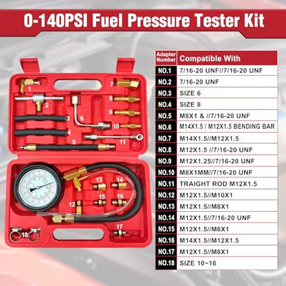 BETOOLL 0-140PSI Fuel Pressure Tester Kit, Fuel Injector Injection Pump Pressure Gauge Kit for Gasoline Cars, Trucks and Motorcycles - size: Normal