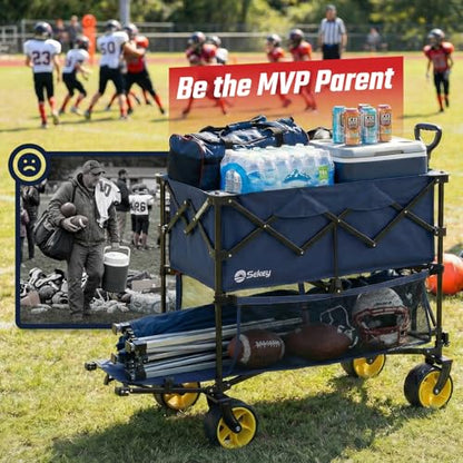 Sekey 500LBS Heavy Duty Double Decker Wagon with Extender, 400L Large Capacity Collapsible Garden Cart Fits 10x10 Canopy, All-Terrain Big Wheels with Brakes, Foldable Utility Wagon for Sports, Camping - color: Navy Blue