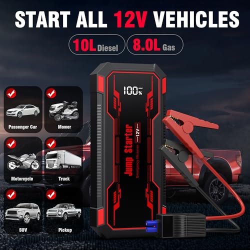 Car Jump Starter 6000A Car Battery Jump Starter Portable,12V Battery Jumper Starter Portable(10.0L Gas/8.0L Diesel),LCD Display Jump Box Jump Starter Battery Pack with Jumper Cables & Flashlight-Red - color: A-Red