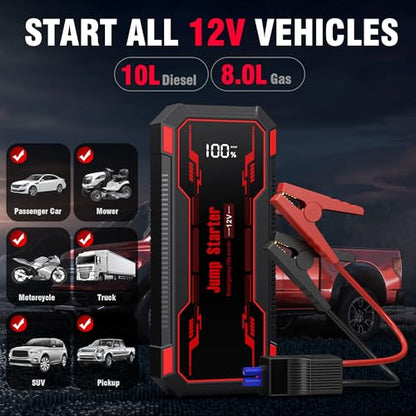 Car Jump Starter 6000A Car Battery Jump Starter Portable,12V Battery Jumper Starter Portable(10.0L Gas/8.0L Diesel),LCD Display Jump Box Jump Starter Battery Pack with Jumper Cables & Flashlight-Red - color: A-Red