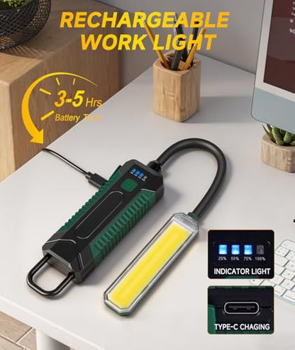 Magnetic Work Light, Rechargeable Flashlight Machine Light with 360° Flexible Gooseneck, Shop Tool Lamp for Lathe Drill Work Bench DIY Sewing Machine, Mechanic Light, Car Light/Emergency