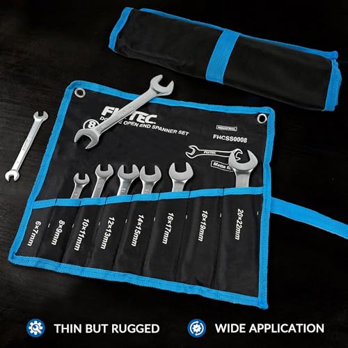 FIXTEC Wrench Set, 8-Piece Metric Double Open-End Spanner Set (6×7mm–20×22mm), CR-V Steel with Rolling Pouch for Automotive Repair, Mechanics and Tight Spaces