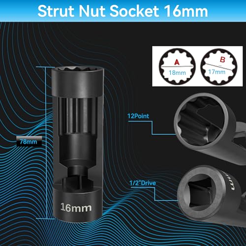 Suspension Strut Socket Tool,Strut Nut Socket 16mm 18mm 19mm 21mm 22mm 24mm with 12 Point 1/2" Drive, Suspension Strut Nut Socket Tool Easy Remove Strut Nuts,12Pt Vm Number 3353 Accessory (16MM) - color: 16mm