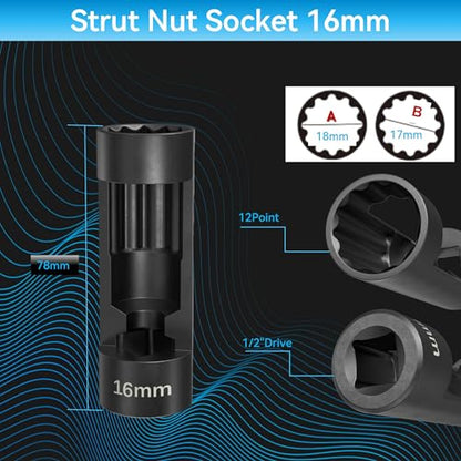 Suspension Strut Socket Tool,Strut Nut Socket 16mm 18mm 19mm 21mm 22mm 24mm with 12 Point 1/2" Drive, Suspension Strut Nut Socket Tool Easy Remove Strut Nuts,12Pt Vm Number 3353 Accessory (16MM) - color: 16mm