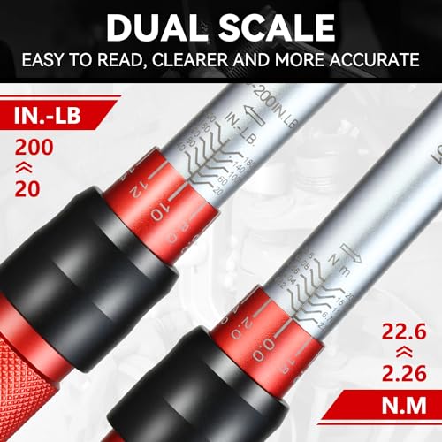 Auto Dynasty 1/4 Inch Dual-Scale Reversible Ratchet Wrench Set 20-200in.lb/2.26-22.6 n.m with Quick Release and Accurate Torque Control - Perfect for Cars, Bikes, and Machinery Maintenance - size: 1/4 Inch-200in.lb