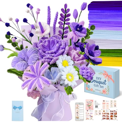 Pipe Cleaner Flower Kit - 400PCS DIY Purple Lavender Bouquet Crafts - 8mm Fluffier Chenille Stems with Video - Elegant Birthday Gift for Her - Aesthetic Office Desk Decor & Teacher Appreciation Gift - color: Purple