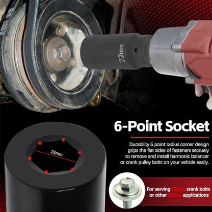 Sunluway 22mm Harmonic Balancer Socket Tool for Toyota Lexus Dodge Jeep and Ford, Deep Counter-weighted Socket, 3 Times Momentum Power of Standard Impact Socket - size: 22mm
