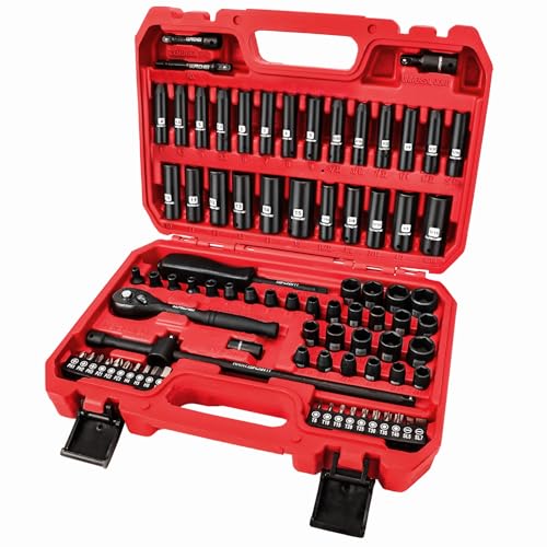 LLNDEI 1/4 inch Drive Impact Socket Set 83 Piece,Standard SAE(5/32-9/16 inch) Metric Size(4-15mm),72T Ratchet Wrench Handle,CR-V Mechanics Tool Set with Adapter,Screwdriver Bits for Automotive Repair - size: 83-Piece 1/4" Drive Impact Socket Set