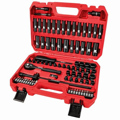 LLNDEI 1/4" Impact Socket Set 83 Pieces, SAE(5/32-9/16 in) Metric (4-15mm) | 72T Ratchet Wrench Handle,CR-V Mechanics Tool Set with Adapter, Screwdriver Bits for Automotive Repair - size: 83-Piece 1/4" Drive Impact Socket Set