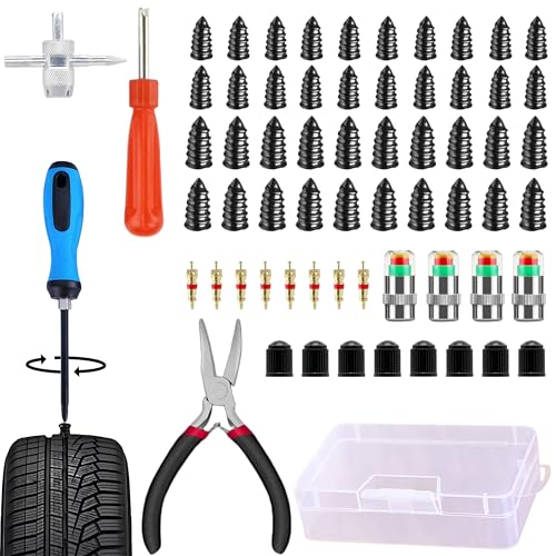 Tire Plug Kit 64 Pcs Tire Repair Rubber Nail Kit with 2 Size | Tire Plugs Screw Type No Tire Removal Required Tire Repair Scerws for Motorcycle Car Truck SUV & ATV