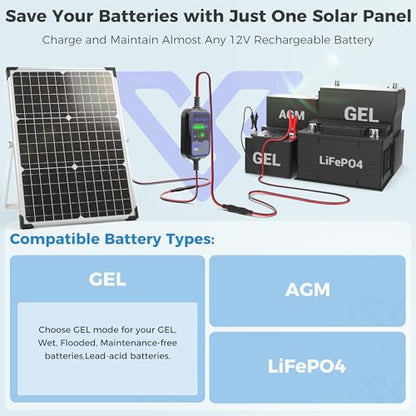 Voltset 30W 12V Solar Panel Battery Charger Trickle Maintainer Kit | Smart MPPT Controller, Waterproof, Safety Protections, for Car RV Boat Marine Trailer Automotive Trailer Truck Motorcycle - size: 30W PRO