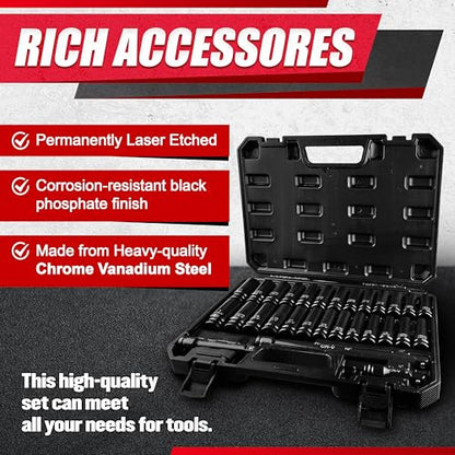 29pcs 1/2" Socket Set, Drive Deep Impact Socket Set, Including 3 ", 5", 10" Impact Extension Bar, Standard SAE (3/8 "- 1") and Metric (10mm-24mm), Cr-V Steel - size: 29 PCS (3/8"-1")