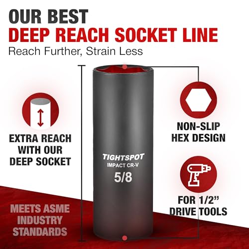 TIGHTSPOT 1/2 Inch Drive - 5/8 Inch Deep Impact Socket with Anti-Rounding 6 Point Design, Heat-Treated CRV Steel - size: 1/2” Drive 5/8” Deep Impact Socket - 6pt, style: 1/2" Drive Deep Socket