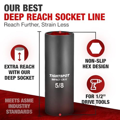 TIGHTSPOT 1/2 Inch Drive - 5/8 Inch Deep Impact Socket with Anti-Rounding 6 Point Design, Heat-Treated CRV Steel - size: 1/2” Drive 5/8” Deep Impact Socket - 6pt, style: 1/2" Drive Deep Socket