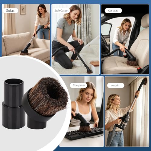 3 Pack Soft Horse Hair Vacuum Brush Attachment for Shark Vacuum Attachments-1 1/4" Round Vacuum Brush With 1-1/4" To 1-3/8" Adapter for shark brush Attachment and for Most Vacuum Cleaners Accessories