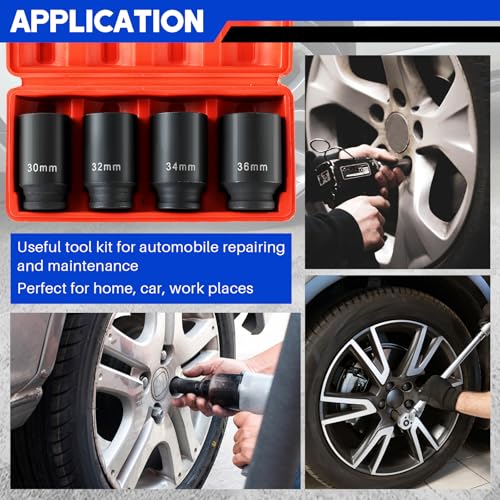 DASBET 1/2" Drive Deep Impact Socket Set 4PCS | Heavy Duty Drive Deep Spindle Axle Nut Impact Socket Set 12 Point, Metric 30mm, 32mm, 34mm, 36mm