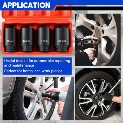 DASBET 1/2" Drive Deep Impact Socket Set 4PCS | Heavy Duty Drive Deep Spindle Axle Nut Impact Socket Set 12 Point, Metric 30mm, 32mm, 34mm, 36mm
