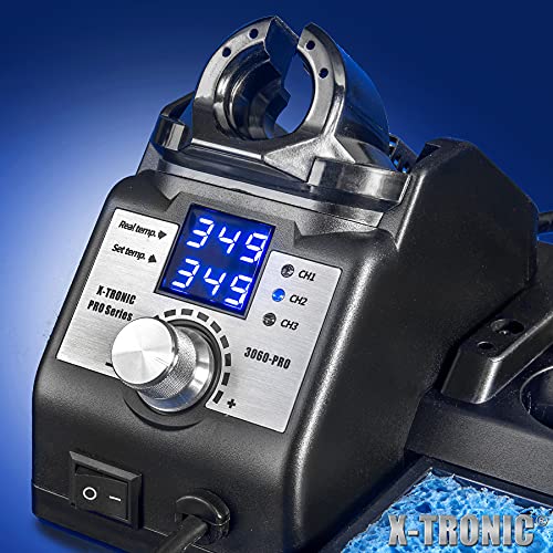 X-Tronic 3060-PRO - 75 Watt Soldering Iron Station with Mini Mag Lamp & 4 Helping Hands - 2 Digital LED Displays, 3 Temp Presets, Sleep Func, C/F Func, Brass Sponge w/Flux & Wet Sponge - style: PRO - w/1 Soldering Tip