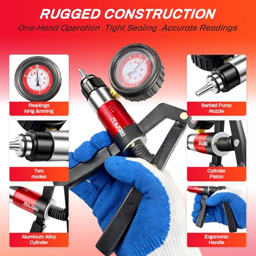 Handheld Vacuum Pump Brake Bleeder Kit, Multi-Functional Vacuum & Pressure Tester Set with Gauge, Hoses, Adapters and Fluid Reservoirs, for Automotive Brake, Clutch and Fluid Extraction ((23PC-Red))
