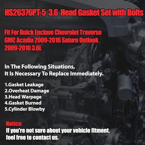 HS26376PT-5 3.6 Head Gasket Set with Bolts 2009-2016 For GMC | Fit For Buick Enclave Chevrolet Traverse GMC Acadia 2009-2016 Saturn Outlook 2009-2010 3.6L OE#HS26376PT-5 ES72274 - color: For GM 3.6L 2009-2016 Kit 2