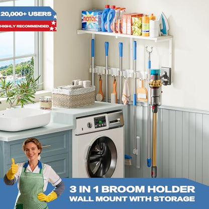 Broom Holder Wall Mount with Cleaning Supplies Organizer, Laundry Room Organization and Storage Shelf with Mop Hanger Rack Gripper Hooks, Utility Shelf Closet Organizer Floating Shelves for Garage - size: Large