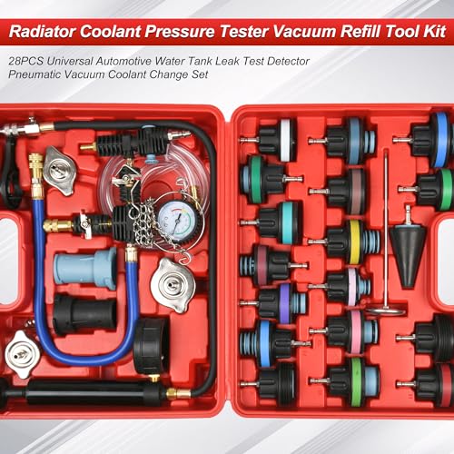 28PCS Universal Automotive Water Tank Leak Test Detector Pneumatic Vacuum Coolant Change Set，Radiator Coolant Pressure Tester Vacuum Refill Tool Kit (Red 2) - color: Red 2