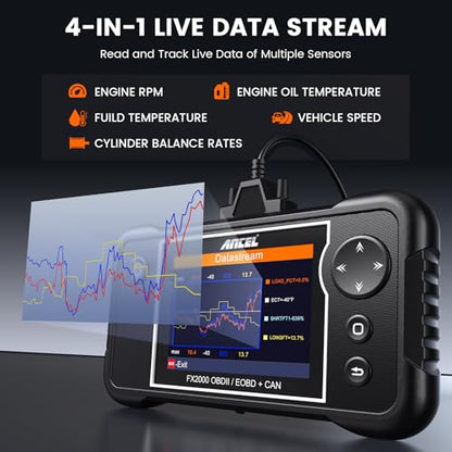 ANCEL FX2000-US OBD2 Scanner Diagnostic Tool, Engine ABS Airbag Transmission Diagnostics with Live Data, Check Engine Light Code Reader for Vehicle Health Diagnosis, Compatible with Most 12V Vehicles