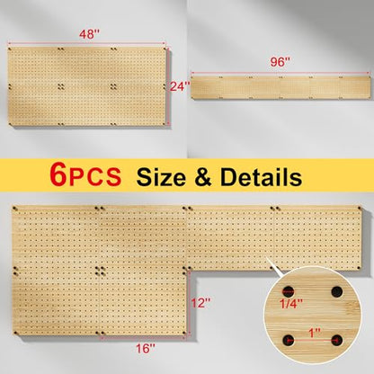 VOIMO Bamboo Pegboard Organizer Set, 6 Panels (16"x12") | 48 Hooks, Eco-Friendly Wall Mounted Storage Rack for Tools, Crafts & Office – Natural Bamboo Pegboard with Accessories - size: 16'' X 12'' (6 Panels)