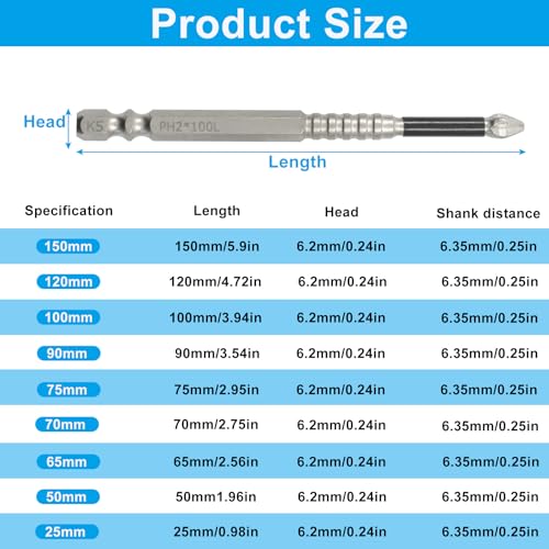 1 Set High Magnetic Electric Screwdriver Drill Bit Set | Anti Slip Alloy, For Impact Driver and Professionals, 25mm 50mm 65mm 70mm 75mm 90mm 100mm 120mm 150mm