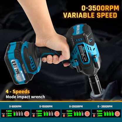 1700Nm 1/2" Cordless Impact Wrench, 1253 Ft-lbs Brushless Impact Gun, 20V High Torque Impact Driver with 2 x 4.0Ah Batteries 6 Sockets & Case, Pistola De Impacto for Home Car Tire Heavy Truck