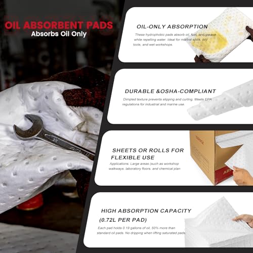 Oil Absorbent Pads 100-Pack | 16"x20" Oil-Only Spill Mat | Industrial Spill Control for Oil & Fuel(32 Gal/Box) | Repels Water Absorbing Sheets - color: 100pack 4mm Thickened/ Oil-Only Pads(16"x20")