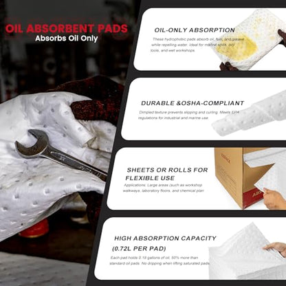 Oil Absorbent Pads 100-Pack | 16"x20" Oil-Only Spill Mat | Industrial Spill Control for Oil & Fuel(32 Gal/Box) | Repels Water Absorbing Sheets - color: 100pack 4mm Thickened/ Oil-Only Pads(16"x20")