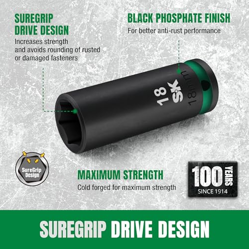 SK 1/2" Drive Impact Socket Set, Deep Metric Sockets, 13-Piece 12-27mm, Premium CR-MO Steel, SureGrip 6 Point Design, With Storage Case - size: Metric