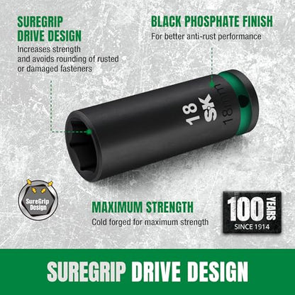 SK 1/2" Drive Impact Socket Set, Deep Metric Sockets, 13-Piece 12-27mm, Premium CR-MO Steel, SureGrip 6 Point Design, With Storage Case - size: Metric