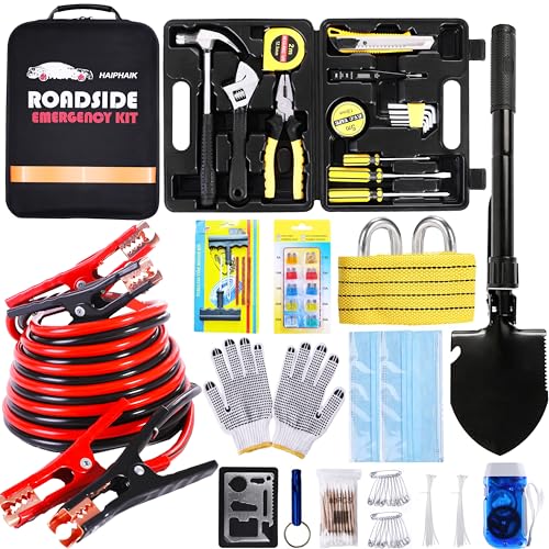 HAIPHAIK Car Emergency Kit with 11.8ft Jumper Cables, Roadside Safety Kit | Emergency Roadside Kit for Car Tow Strap, Folding Shovel, Emergency Tools Box, Breakdowns Travel for Women Men - size: XXXL-014