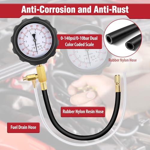 BETOOLL 0-140PSI Fuel Pressure Tester Kit, Fuel Injector Injection Pump Pressure Gauge Kit for Gasoline Cars, Trucks and Motorcycles - size: Normal