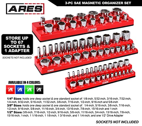 ARES 60035-3-Piece Set SAE Magnetic Socket Organizers - RED -Includes 1/4 in, 3/8 in, 1/2 in Socket Holders - Holds 68 Standard (Shallow) and Deep Sockets - Also Available in GREEN - color: Red (Sae), size: 1/4, 3/8, 1/2-Inch Drive - 3-Piece Set