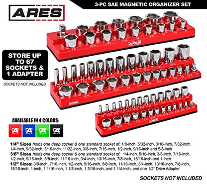 ARES 60035-3-Piece Set SAE Magnetic Socket Organizers - RED -Includes 1/4 in, 3/8 in, 1/2 in Socket Holders - Holds 68 Standard (Shallow) and Deep Sockets - Also Available in GREEN - color: Red (Sae), size: 1/4, 3/8, 1/2-Inch Drive - 3-Piece Set