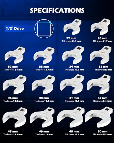 Orion Motor Tech 14pc Jumbo Crowfoot Wrench Set, Metric Crows Foot Wrench Set for 27 to 50 mm Flare Nuts, Chrome Plated Cr-V Steel Crowfoot Wrenches for 1/2" Drive Rachet & Extender with Storage Case