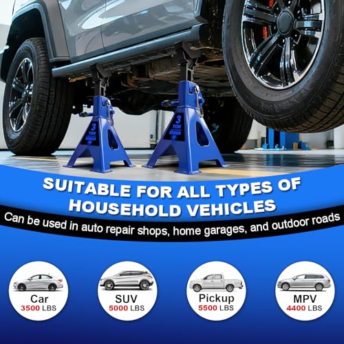Jack Stands 3 Ton (6,600 LBs) with Double Pin Locking,Rubber Cover and Large Foot Base,12"-17" Adjustable Height Heavy Duty Jack Stands,Lifting Car,SUV,MPV,Pickup Truck,ATV/UTV,2 Pack Blue | 6,600 LBs Capacity, Double Pin Locking, Rubber Cover and Large F