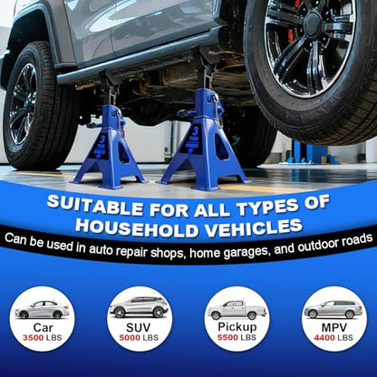 Jack Stands 3 Ton (6,600 LBs) with Double Pin Locking,Rubber Cover and Large Foot Base,12"-17" Adjustable Height Heavy Duty Jack Stands,Lifting Car,SUV,MPV,Pickup Truck,ATV/UTV,2 Pack Blue | 6,600 LBs Capacity, Double Pin Locking, Rubber Cover and Large F