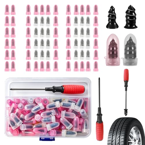 100Pcs Tire Screw Plug Repair Kit, Vacuum Tire Repair Spiral Rubber Studs | No-Dismount Quick Repair,2 Sizes with Screwdriver, Universal Self-Service Puncture Repair Tool for Auto, Motorcycle, Truck - color: white