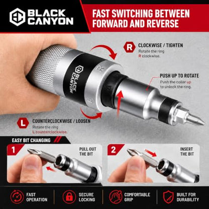 BLACK CANYON Manual Impact Screwdriver Set, Heavy Duty Hand Impact Driver with 12 S2 Steel Bits, Reversible Impact Screwdriver for Rusted, Stubborn & Seized Screws, Motorcycle Repair Tool Kit