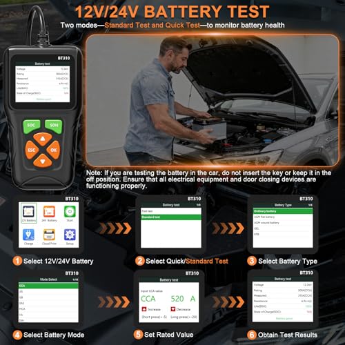 12V/24V Car Battery Load Tester Automotive – 100-2000 CCA Alternator & Charging Analyzer, QR Code Cloud Report No App Needed, for Car Truck SUV Motorcycle Snowmobile Boat