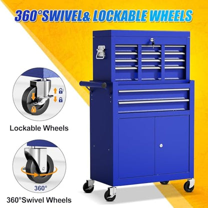 10-Drawer Rolling Tool Chest with Wheels, Rolling Tool Chest Heavy Duty, 2 in 1 Lockable Tool Box with Drawers, High-Capacity Mechanic Tool Organizer, Adjustable Shelf & Detachable Top Cabinet - color: Blue