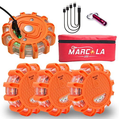Marcala 4-Pack Rechargeable Emergency Lights For Vehicles | Largest 1200mAh Battery in the Market | Red Diode LED Road Flares Rechargeable | Hazard Lights for Vehicles with Included USB-C Cable