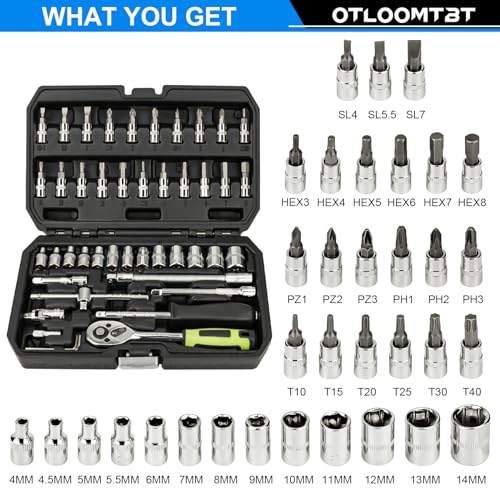OTLOOMTBT 46PCS 1/4" Drive Socket Set, Ratchet Wrench Tool Kit | Metric Sockets, Bit Set, Extension Bars & Case for Auto Repair, Home DIY, Garage Maintenance and Everyday Fixes - style: 1/4 Inch Drive 46PCS